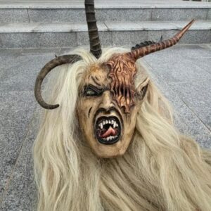 Frauen Krampusmaske / Weibsteifl Speede – LED in Grün & Rot, echte Pferdehaare